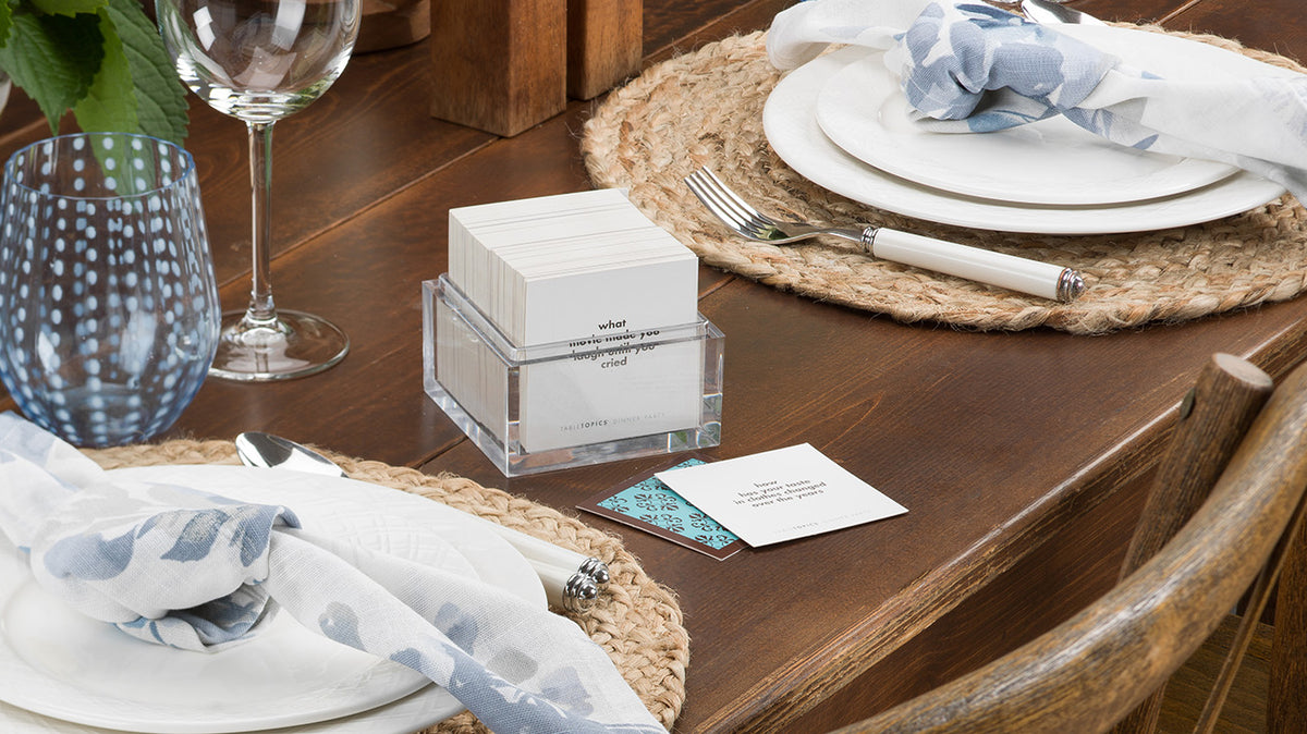 Dinner party tablescape set with TableTopics Dinner Party