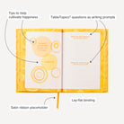 Happiness Prompted Journal features questions as writing prompts, quotes for inspiration, lay-flat binding, and a satin ribbon placeholder.