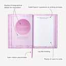 Inspiration Prompted Journal features questions as writing prompts, quotes for inspiration, lay-flat binding, and a satin ribbon placeholder.