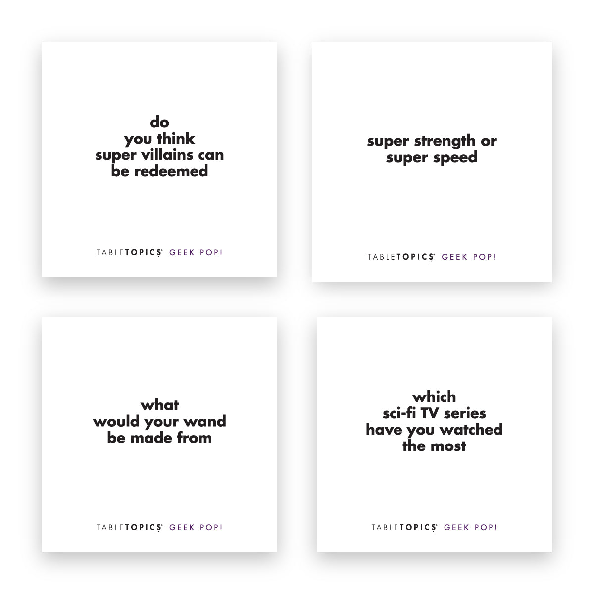Four TableTopics Geek Pop conversation starter cards