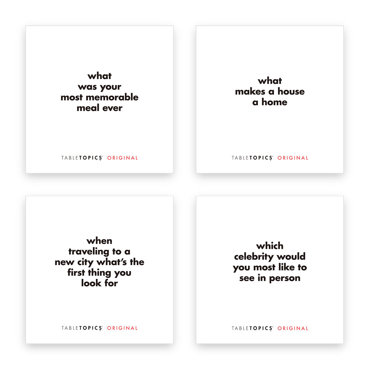 Four TableTopics Original conversation cards for adults