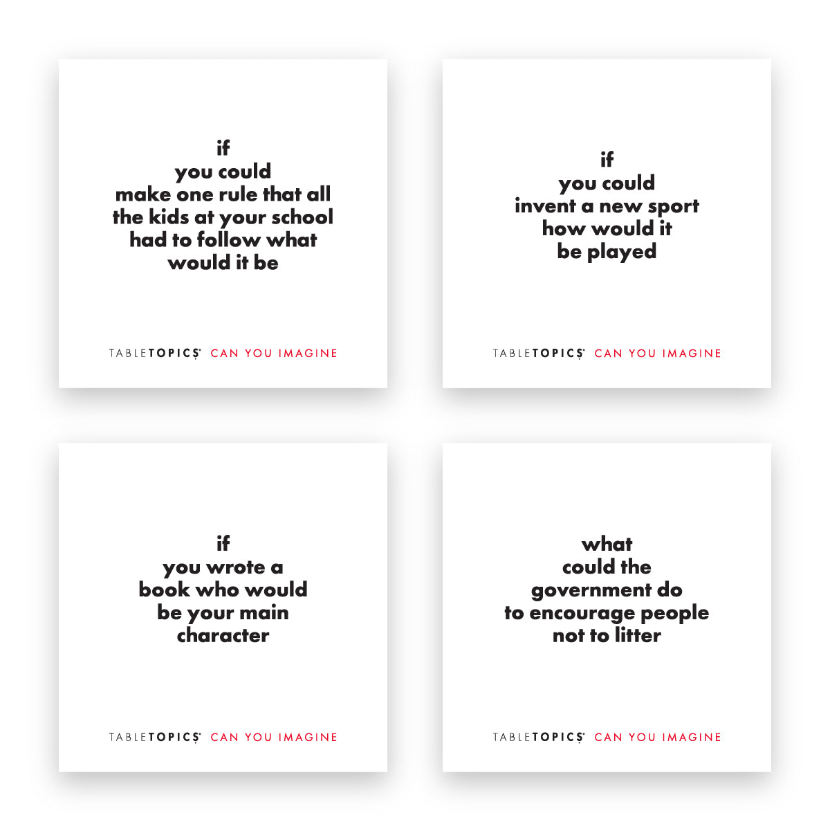 Four TableTopics Can You Imagine conversation cards for kids