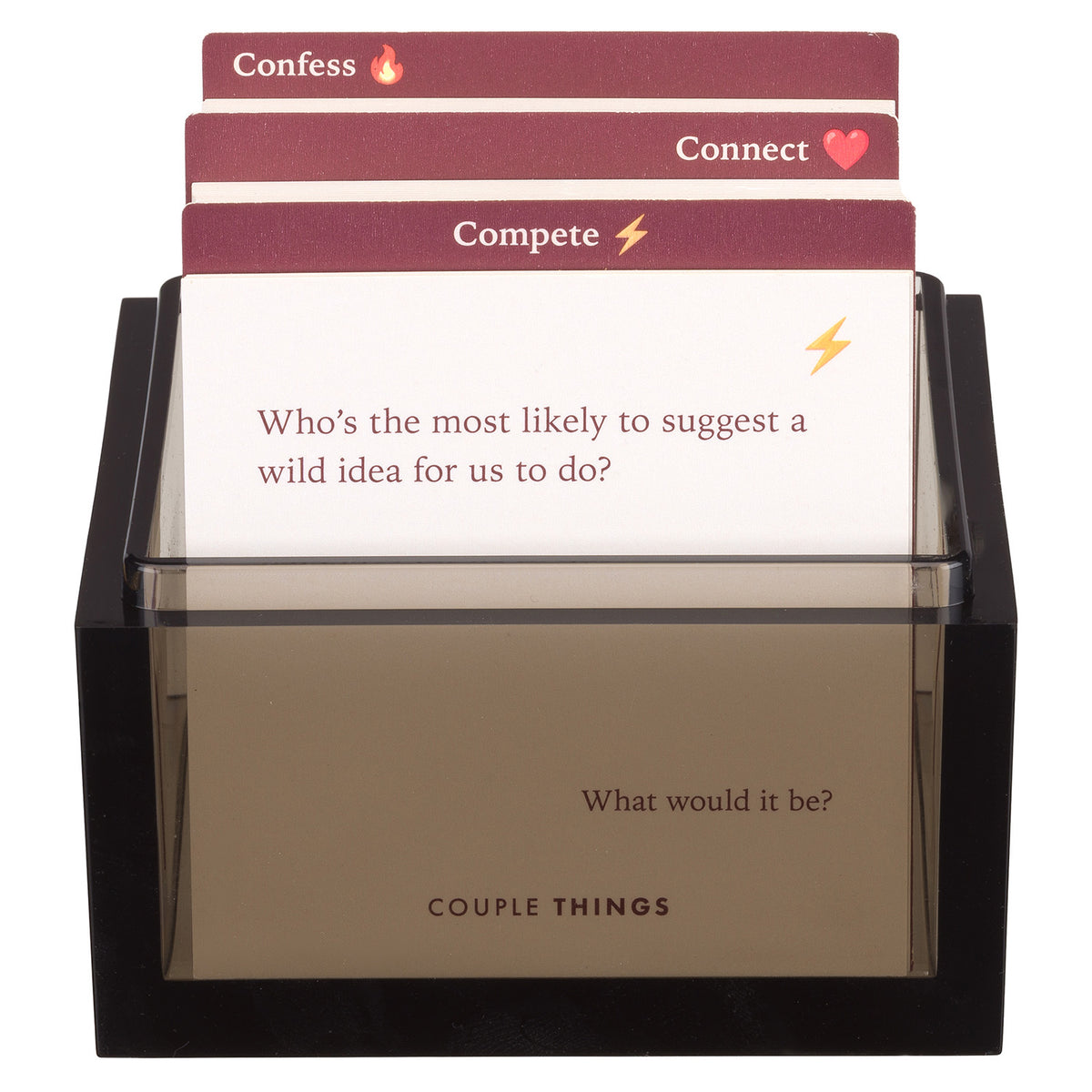 TableTopics Couple Things - The Conversation Game with lid off, showing the card - Who’s the most likely to suggest a wild idea for us to do? What would it be?