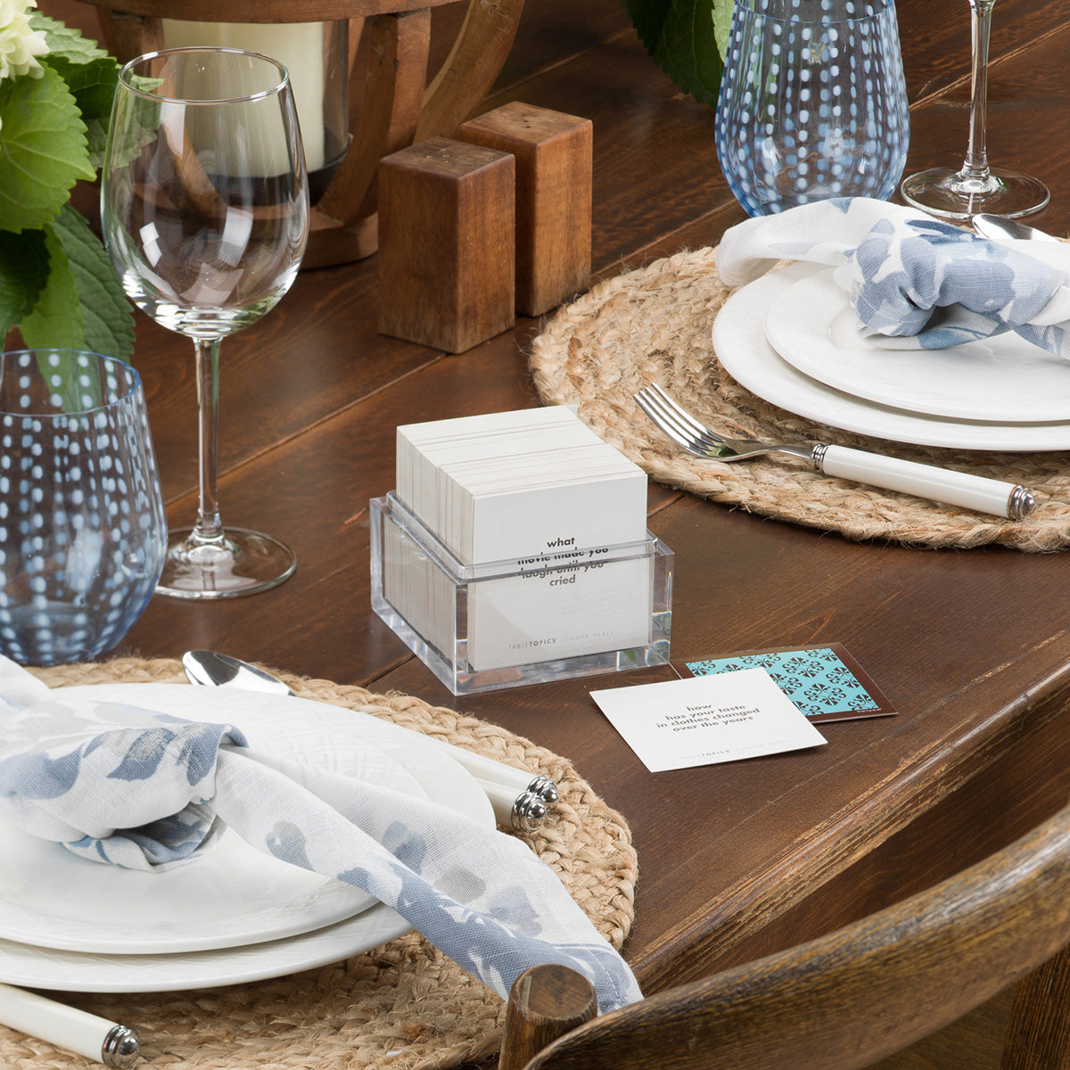 TableTopics Dinner Party conversation card set open on a beautiful tablescape