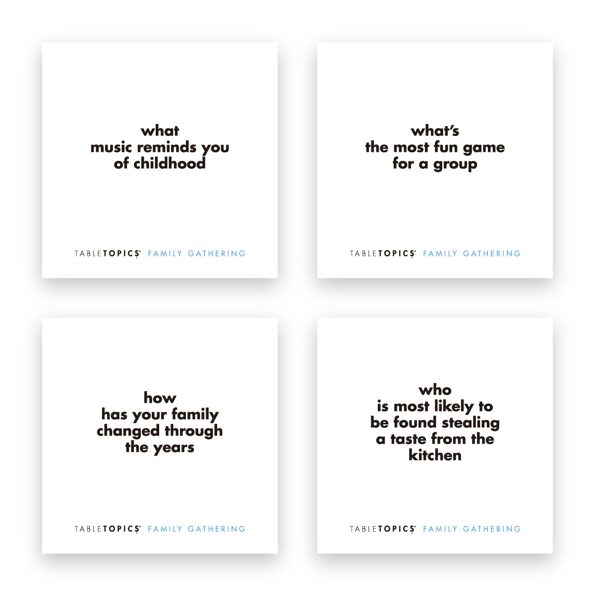 Build a bridge across generations with TableTopics Family Gathering conversation starter questions - 4 sample cards