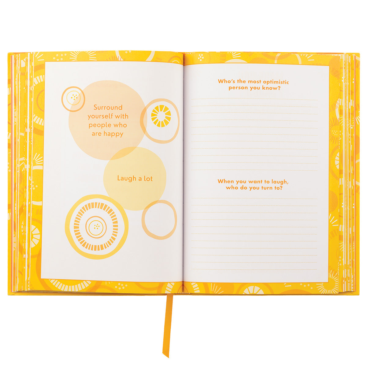 TableTopics Happiness Prompted Journal open spread with two tips and two questions