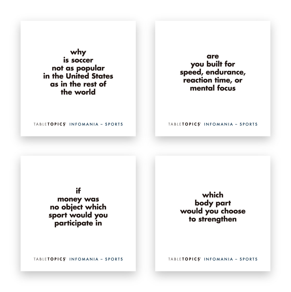 Four TableTopics Infomania Sports conversation starter cards