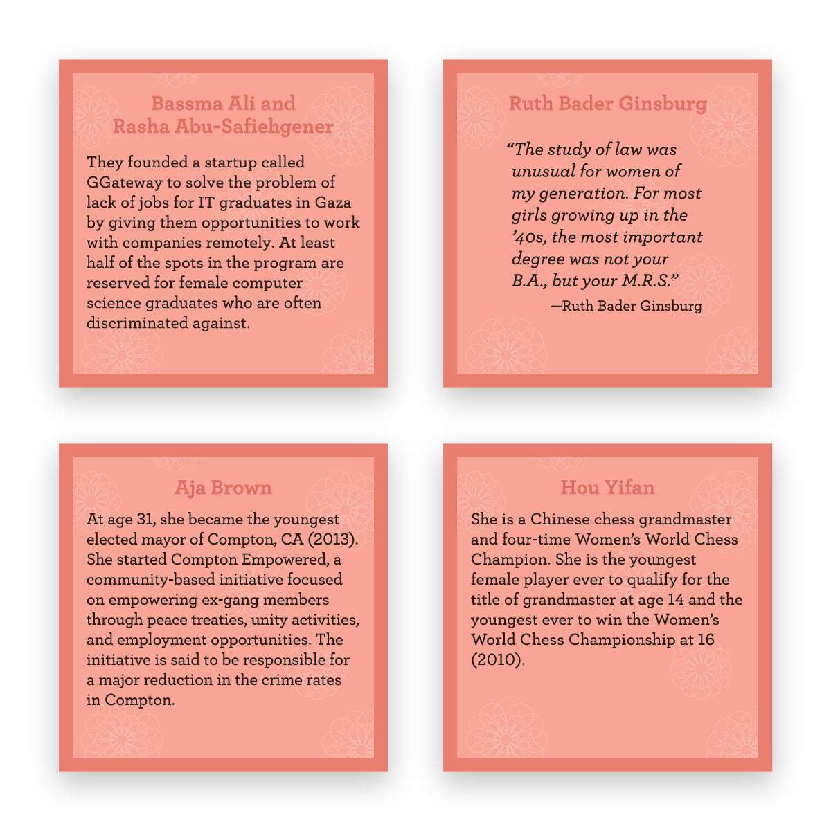 Four TableTopics Inspiring Women for Girls conversation starter card backs with quotes
