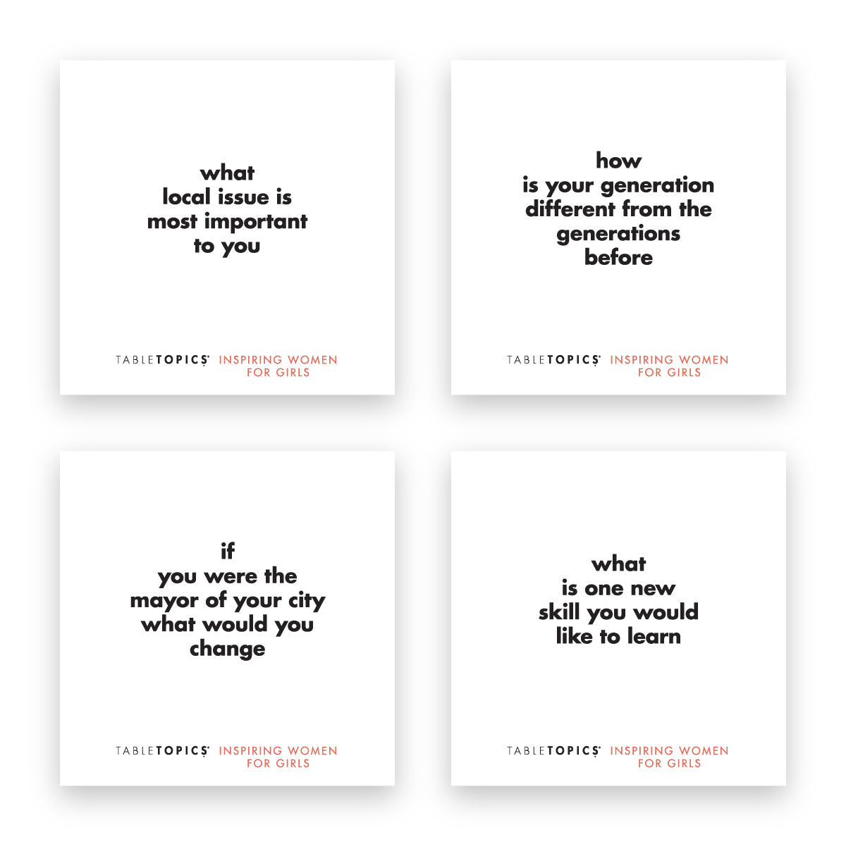 Four TableTopics Inspiring Women for Girls conversation starter cards