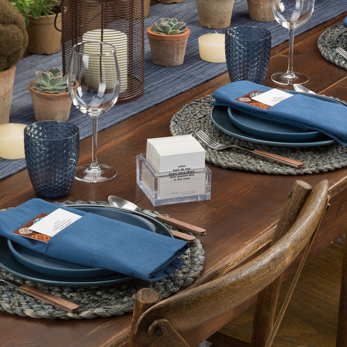TableTopics Not Your Mom's Dinner Party on beautiful tablescape