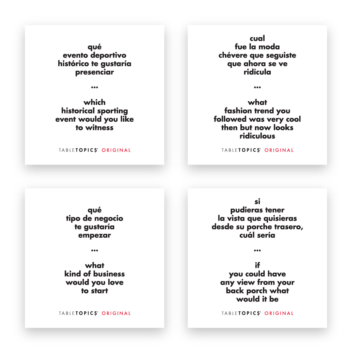 Four TableTopics Original conversation starter questions in English & Spanish