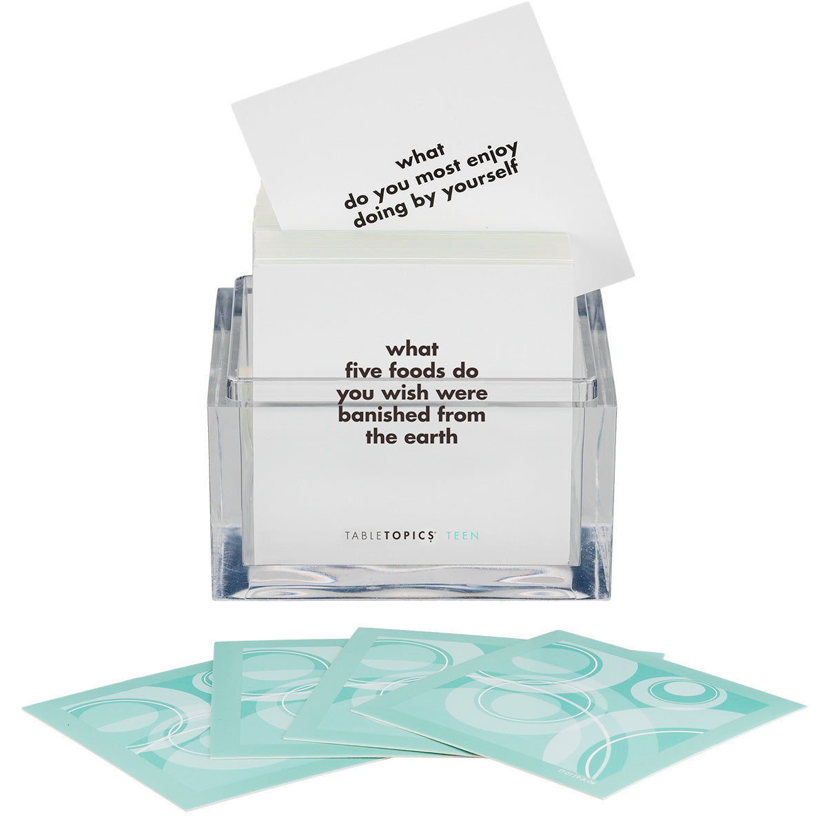 A clear plastic box containing cards with questions designed to start conversations among teenagers – TableTopics Teen.