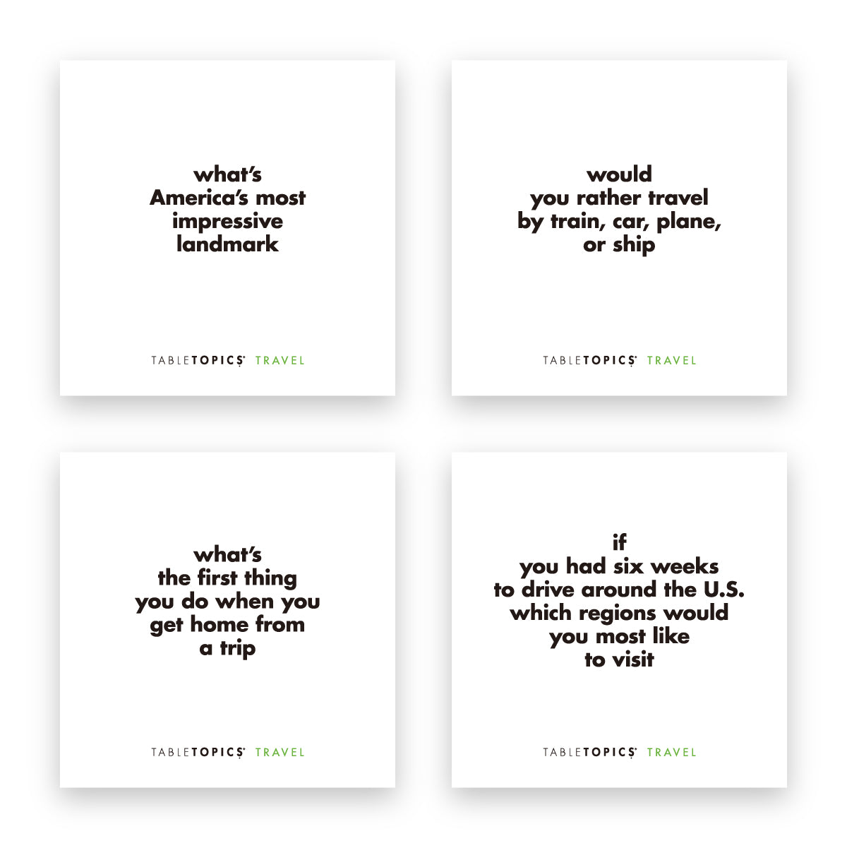 Four TableTopics Travel sample conversation starter cards