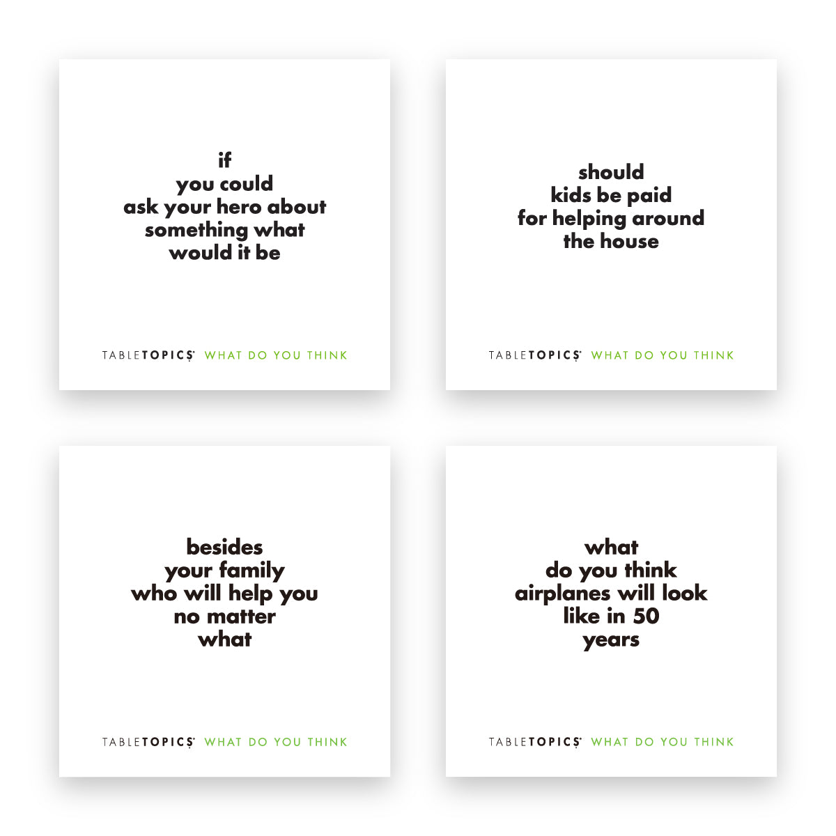 Four TableTopics What Do You Think conversation cards for kids