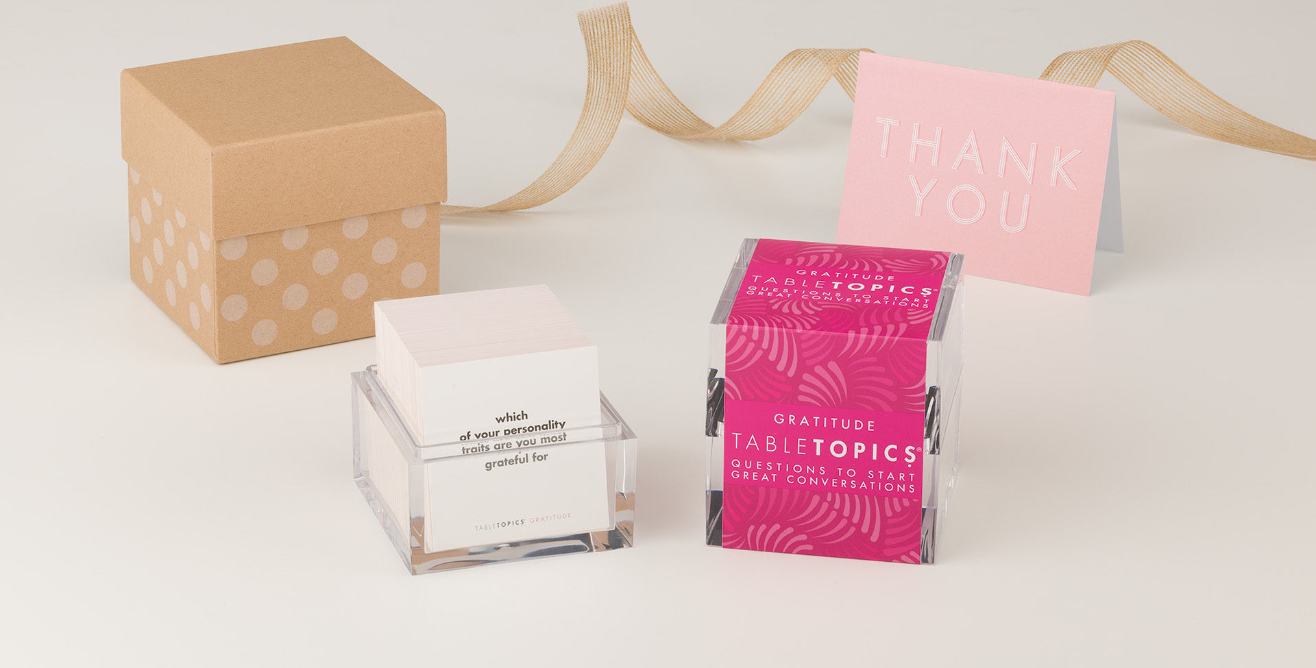 TableTopics Gratitude conversation starter set with a thank-you card and gift box