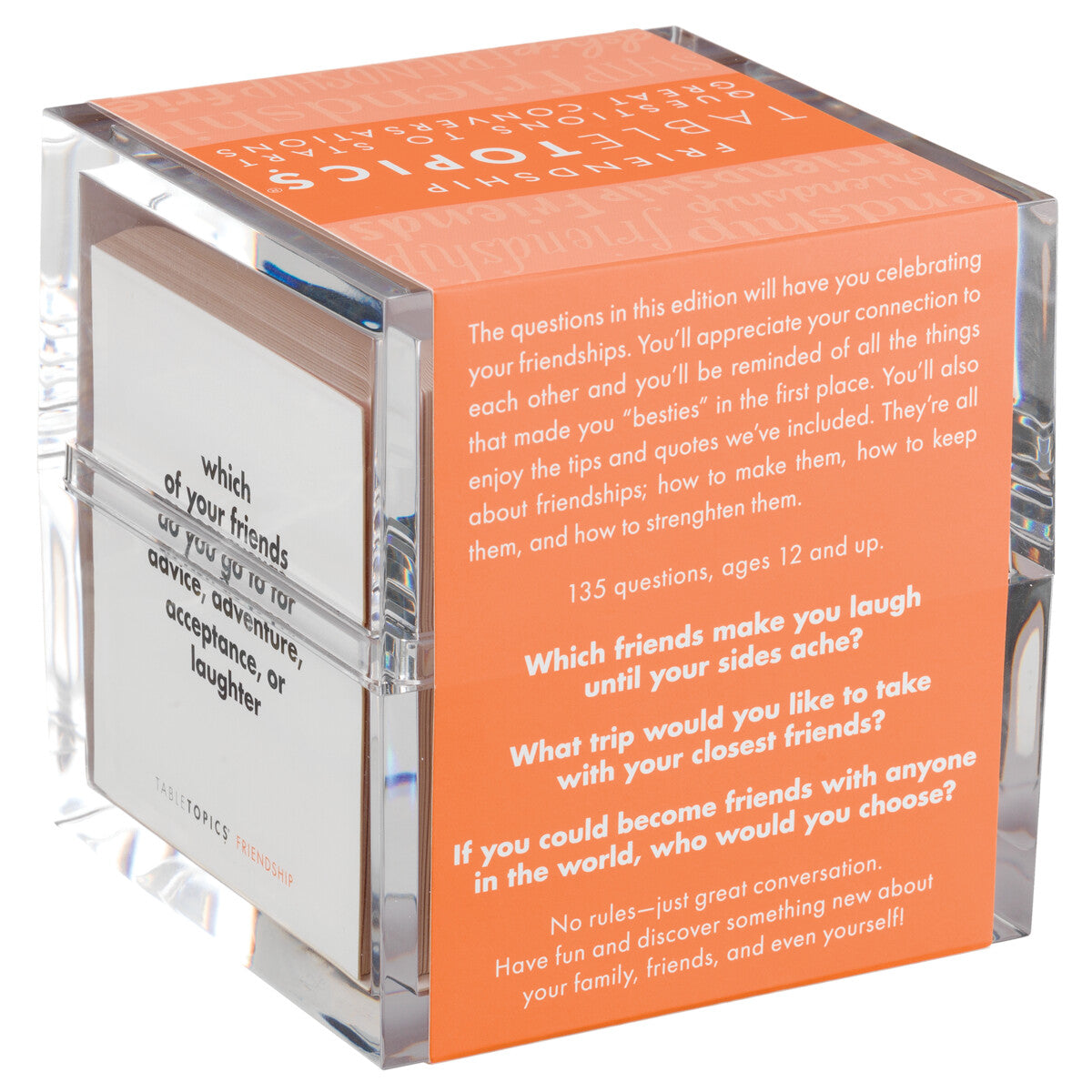 TableTopics Friendship conversation starter set has 135 cards with quotes on one side and questions about friendship on the other side.