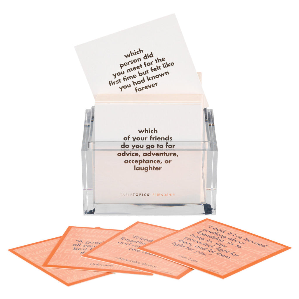 TableTopics Friendship conversation starter set has 135 cards with quotes on one side and questions about friendship on the other side.