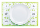 TableTopics Family Paper Placemat with a plate on top. There are 6 conversation starter questions on the placemat.