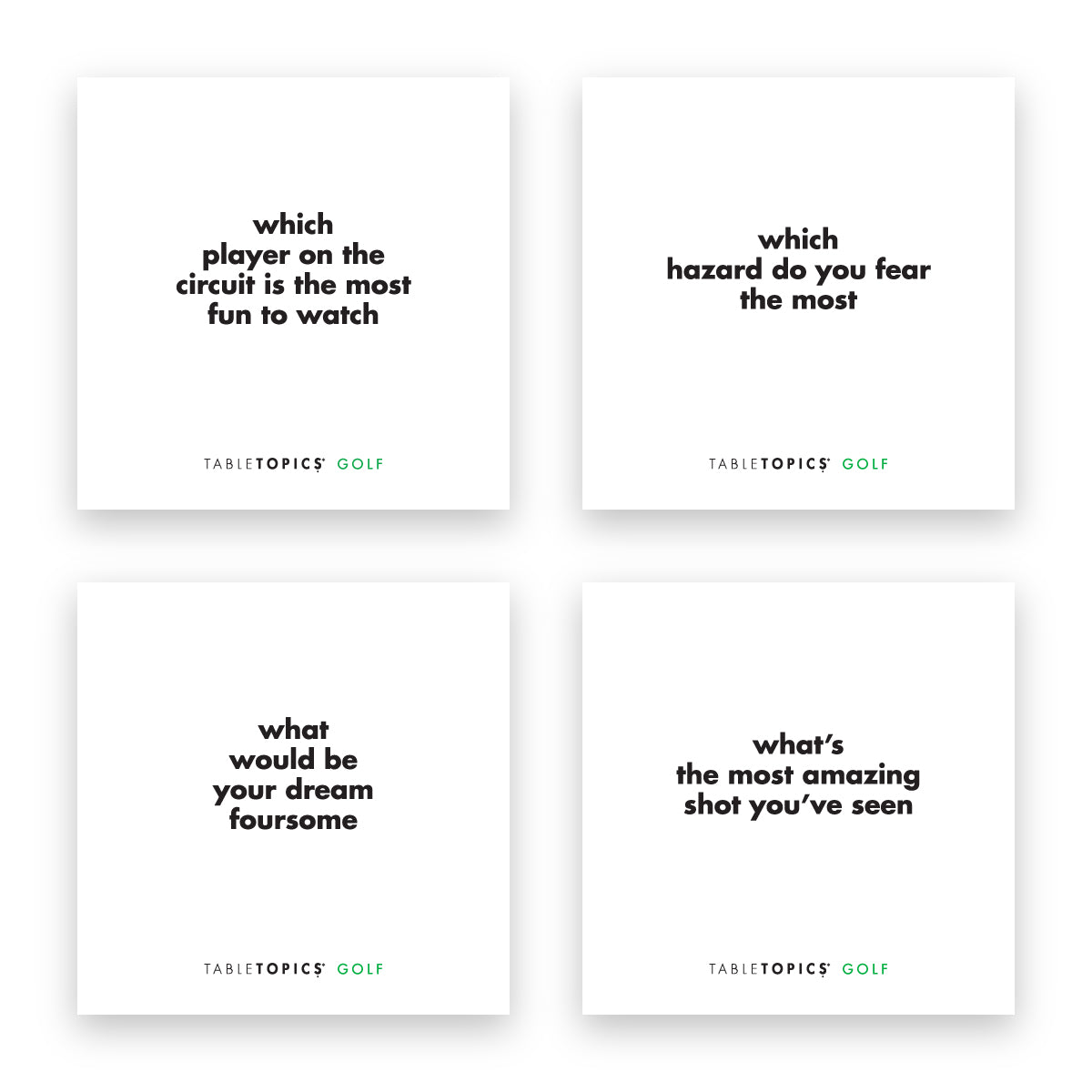 Four TableTopics Golf To Go conversation starter cards