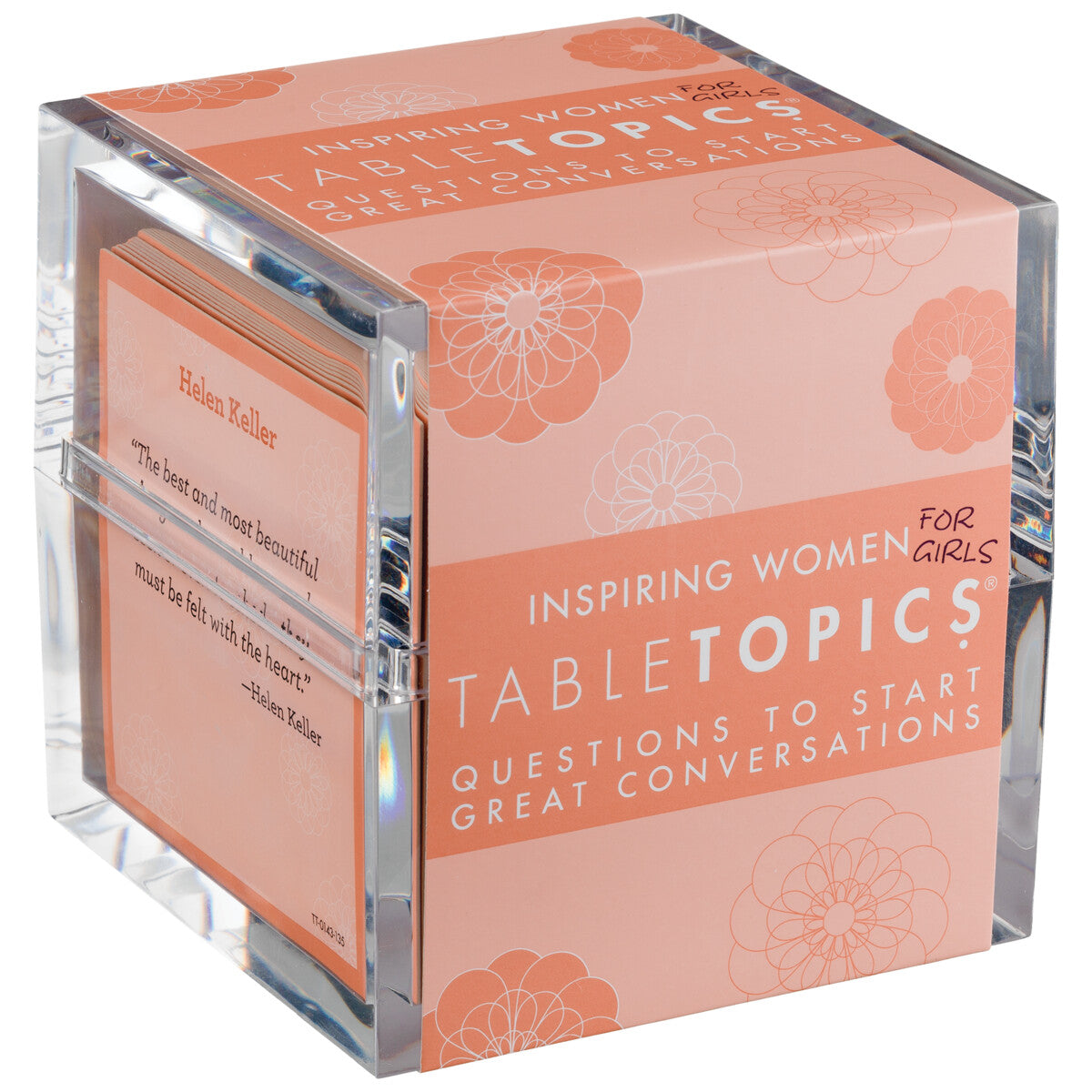 The award-winning Inspiring Women for Girls Tabletop set includes 135 cards featuring questions for meaningful conversations on one side and facts and quotes from inspiring women on the other.