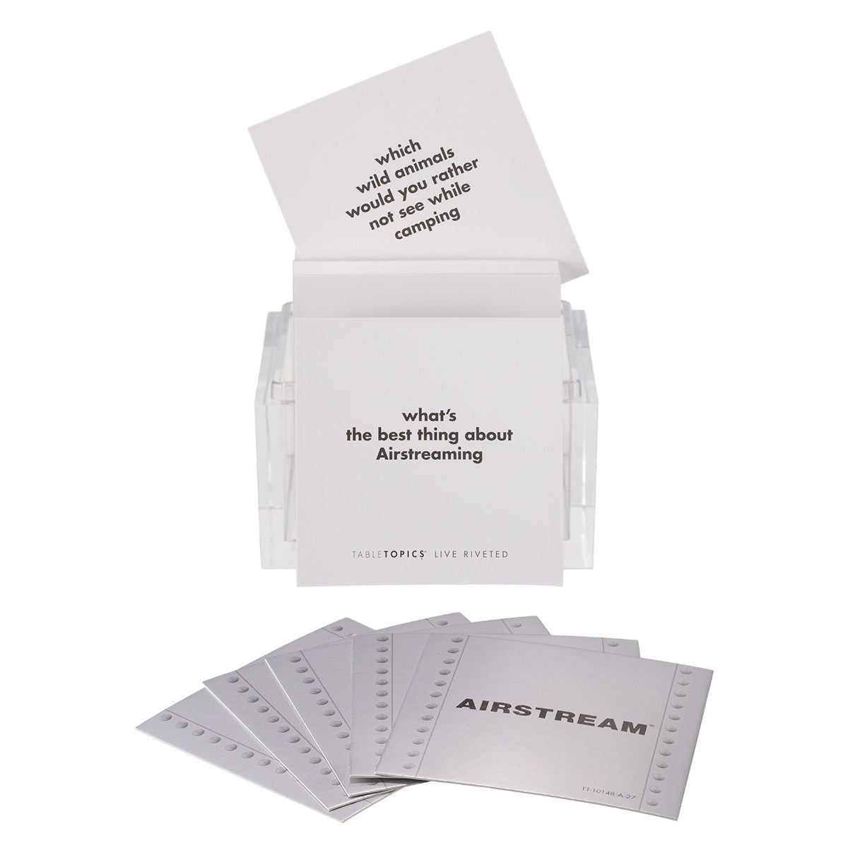 TableTopics Airstream Live Riveted Conversation Cards Open Case with question cards showing