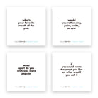 Four TableTopics Dinner Party sample conversation starter cards