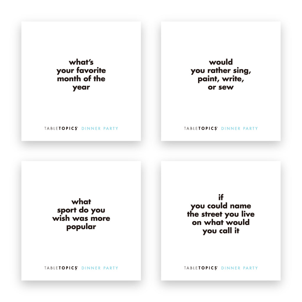 Four TableTopics Dinner Party sample conversation starter cards