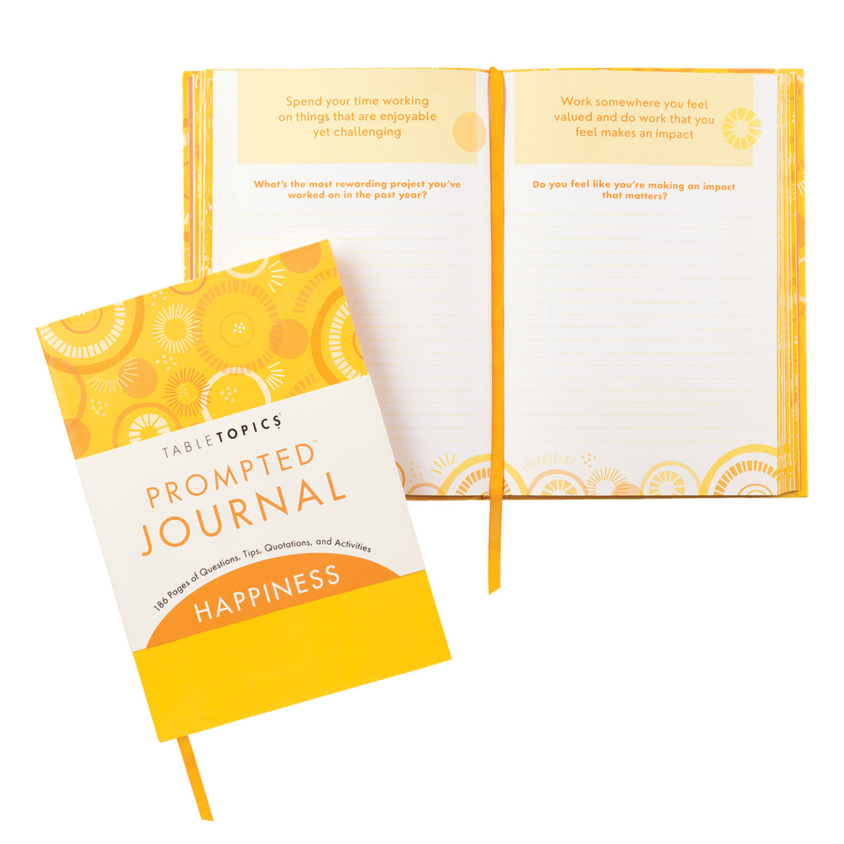 Closed TableTopics Happiness Prompted Journal laying on top of open journal spread