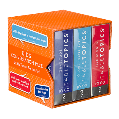 TableTopics Kids Conversation Pack - 120 cards with topics kids love to talk about. Three 40-card packs in a box—Gratitude, Giant Teeny Tiny, and Five Senses.