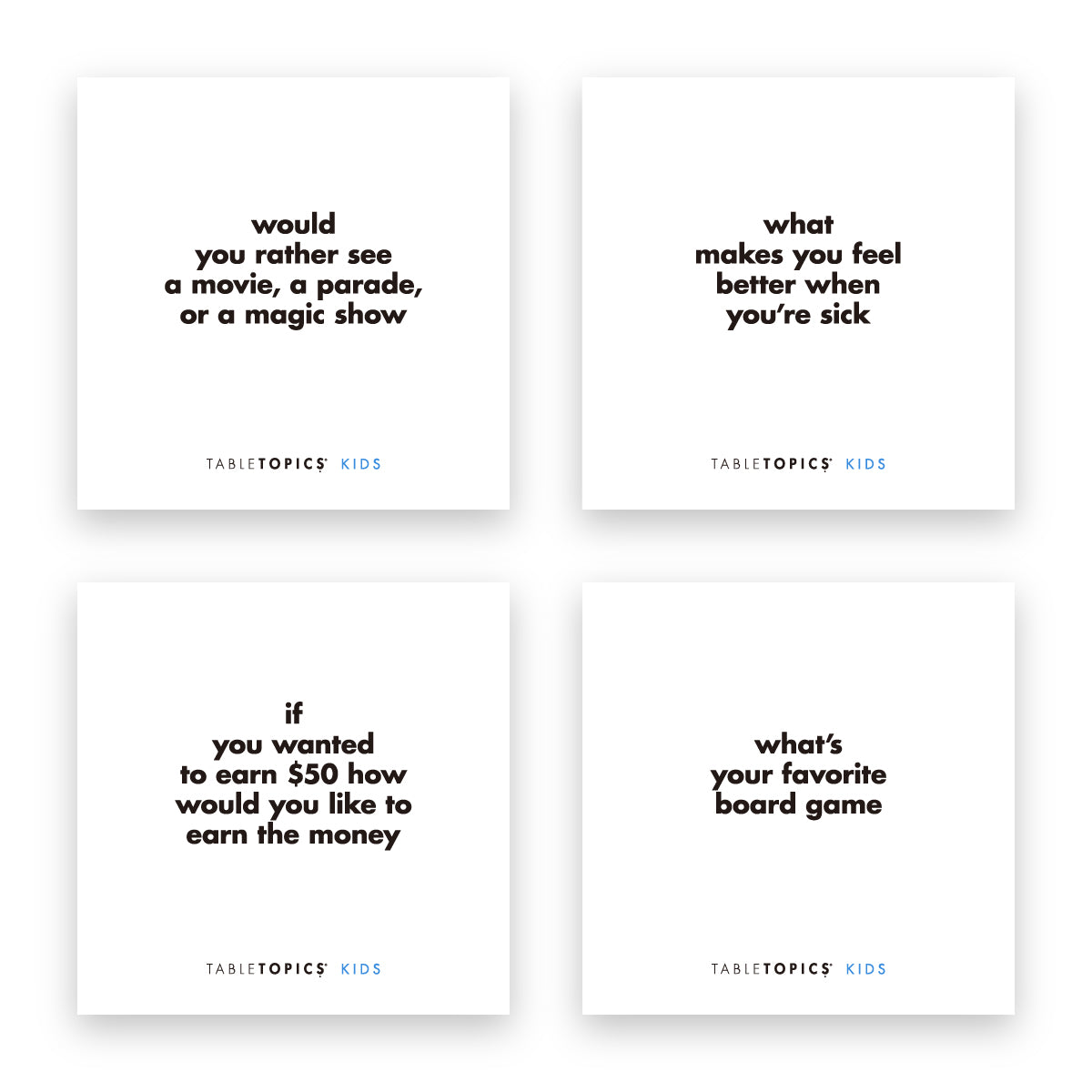 Four TableTopics Kids conversation starter cards with questions