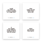 Four TableTopics Kids conversation starter cards with questions