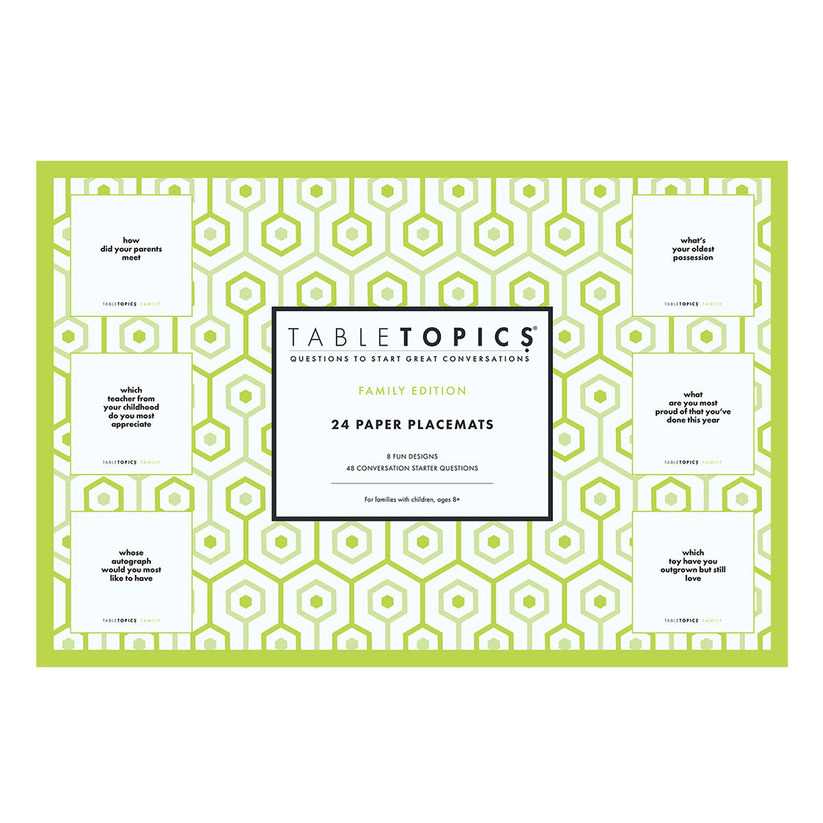 TableTopics Family Paper Placemats – 6 conversation starter questions per placemat, 8 fun designs, 24 placemats total.