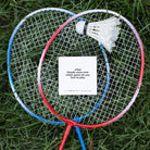 TableTopics Best Things Ever conversation starter card on badminton rackets. Question: When friends come over, which game do you love to play?"