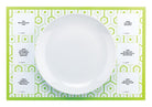 TableTopics Family Paper Placemat with a plate on top. 6 conversation starter questions are on the placemat.