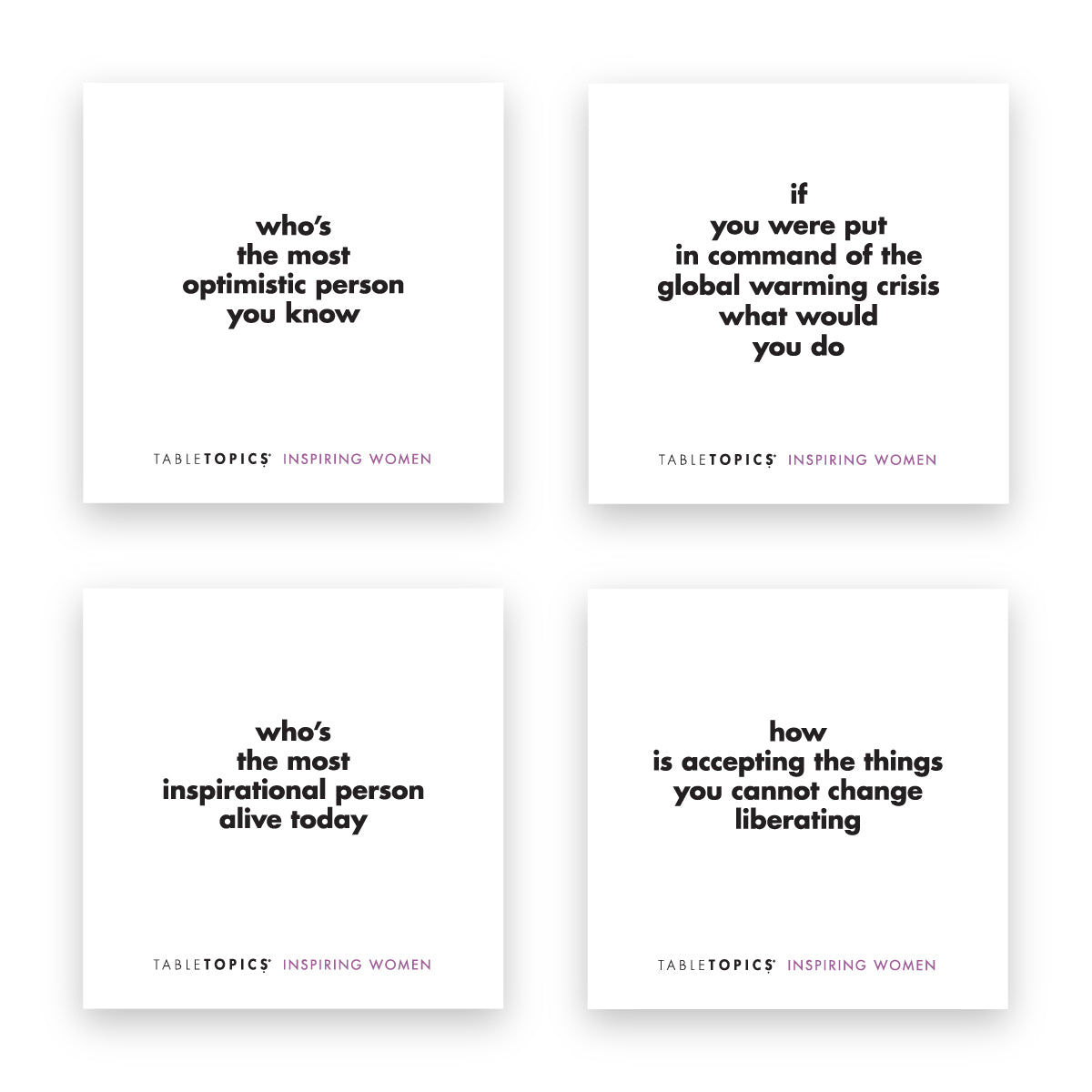 4 conversation starter question cards from TableTopics Inspiring Women set.