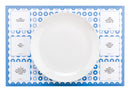 TableTopics Kids Paper Placemat with a plate on top. There are 6 conversation starter questions on the placemat.